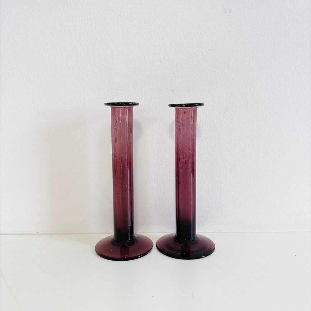 LA VERRERIE DE BIOT AMETHYST BUBBLE BLOWN GLASS PAIR NARROW CANDLE HOLDERS
